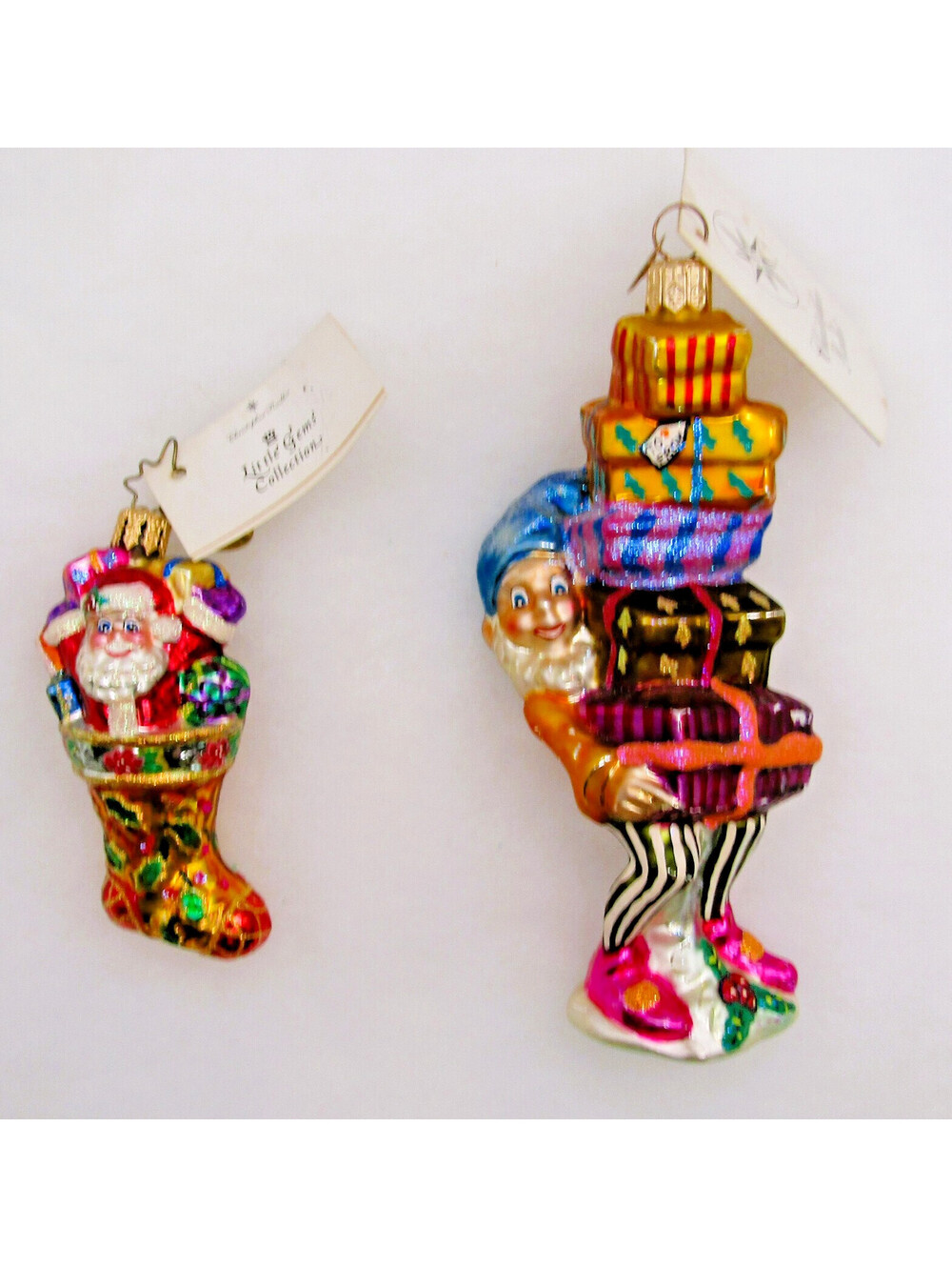 Christopher Radko Two Ornaments Holly Sock Surprise and Balancing Act with Tags